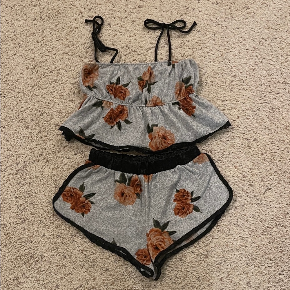 grey floral pajama set size small #139